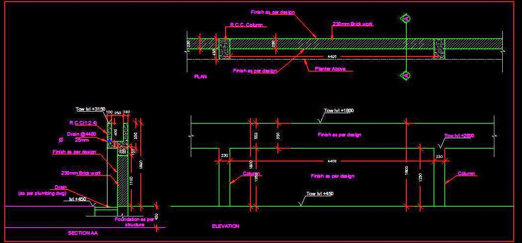 Integrated Planter Boundary Wall Design in AutoCAD DWG